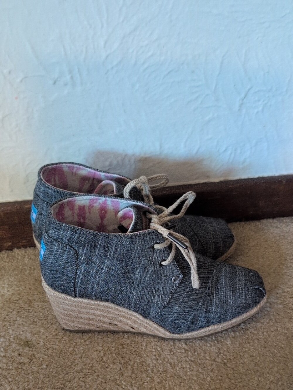 Toms Gray Lace-Up Wedge Oxfords Toms Desert Wedge Black Chambray Women - Picture 6 of 10